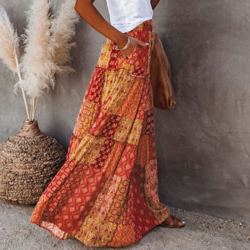 Floral Print Bohemian Maxi Skirt – Flowy Ankle Length Skirt in