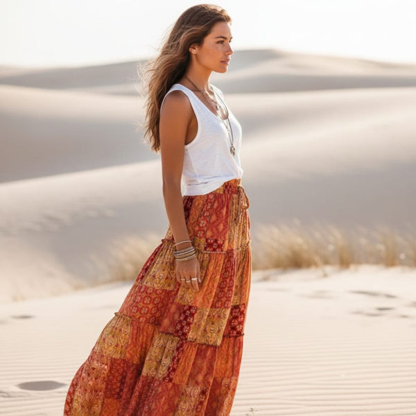 Boho Beach Hut Skirt, maxi skirt Floral Print Bohemian Maxi Skirt