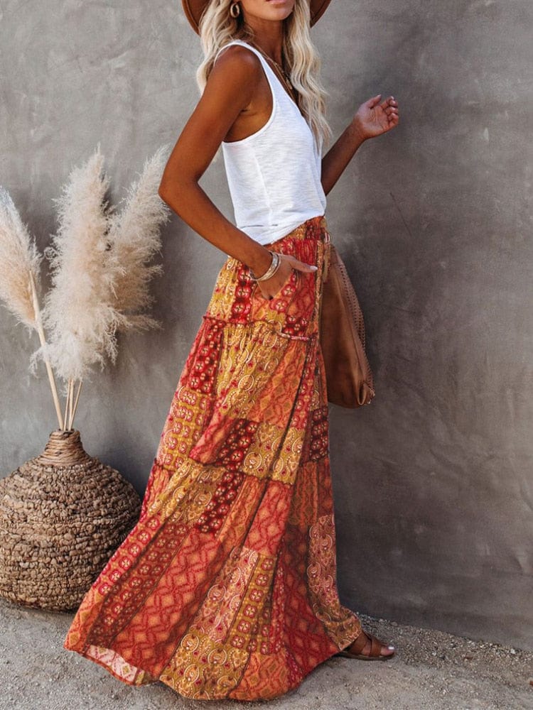 Boho Beach Hut Skirt, maxi skirt Floral Print Bohemian Maxi Skirt