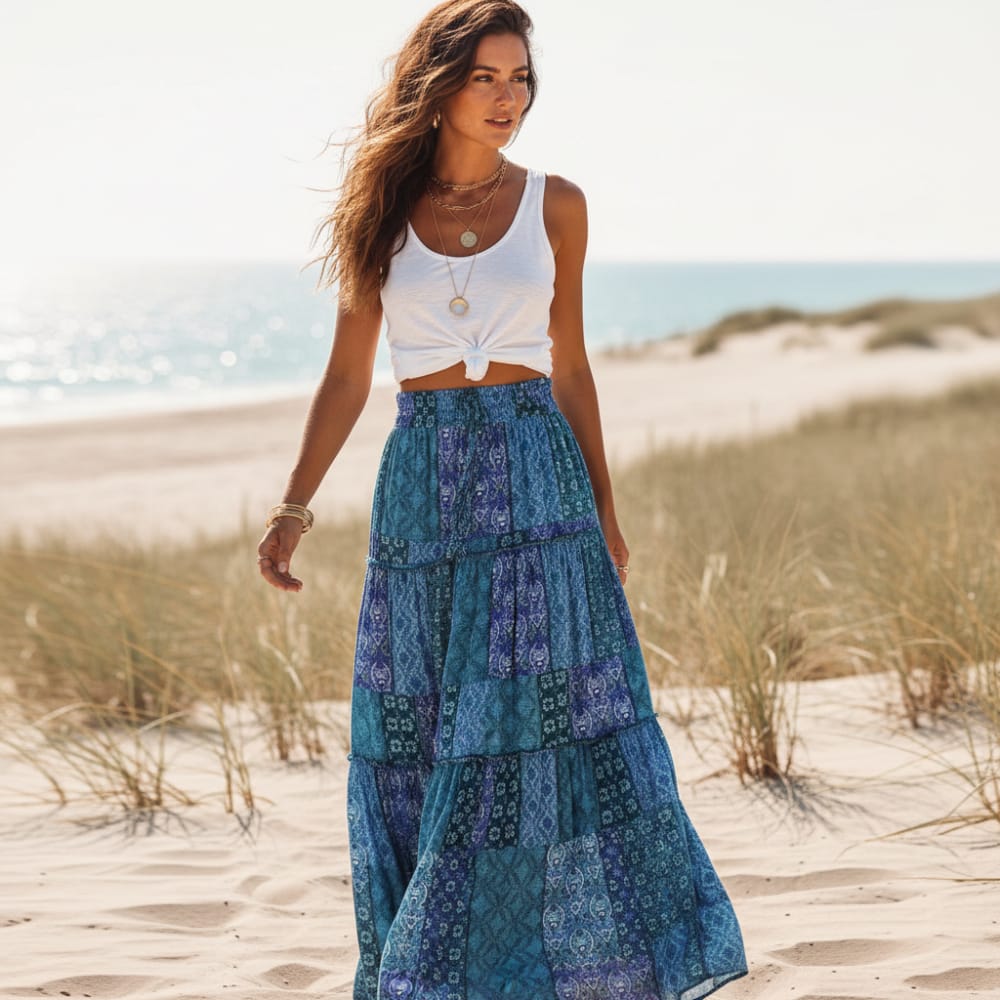 Maxi Skirt Purple Boho Gathered Polyester Cotton