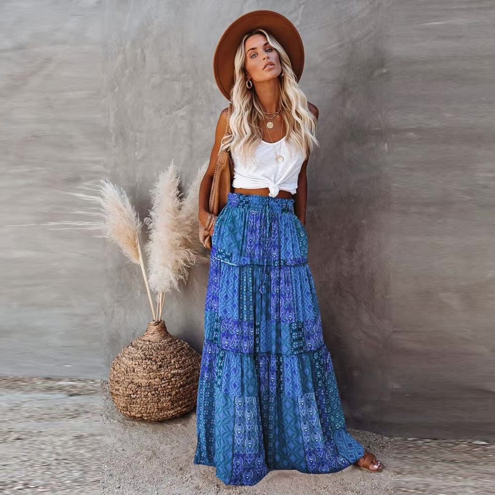 Boho Beach Hut Skirt, maxi skirt Floral Print Bohemian Maxi Skirt Blue / S