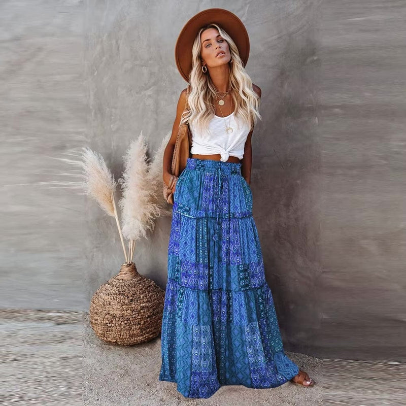 Boho Beach Hut Skirt, maxi skirt Floral Print Bohemian Maxi Skirt Blue / S