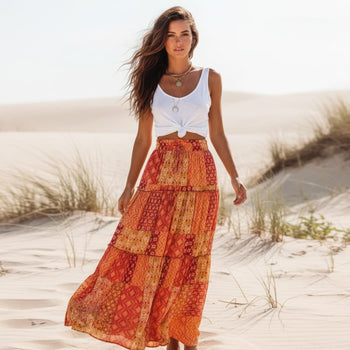 Boho Beach Hut Skirt, maxi skirt Floral Print Bohemian Maxi Skirt Orange / S