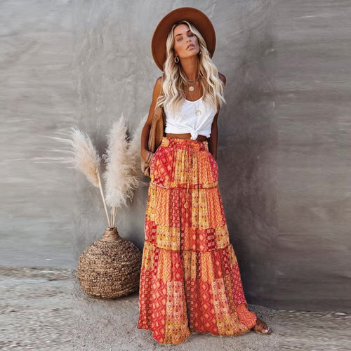 Boho Beach Hut Skirt, maxi skirt Floral Print Bohemian Maxi Skirt Orange / S