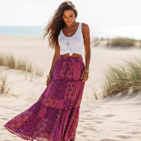 Boho Beach Hut Skirt, maxi skirt Floral Print Bohemian Maxi Skirt Purple / S