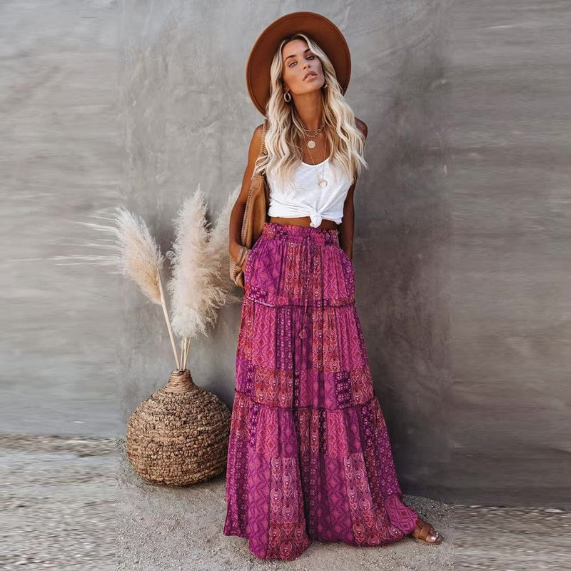 Boho Beach Hut Skirt, maxi skirt Floral Print Bohemian Maxi Skirt Purple / S
