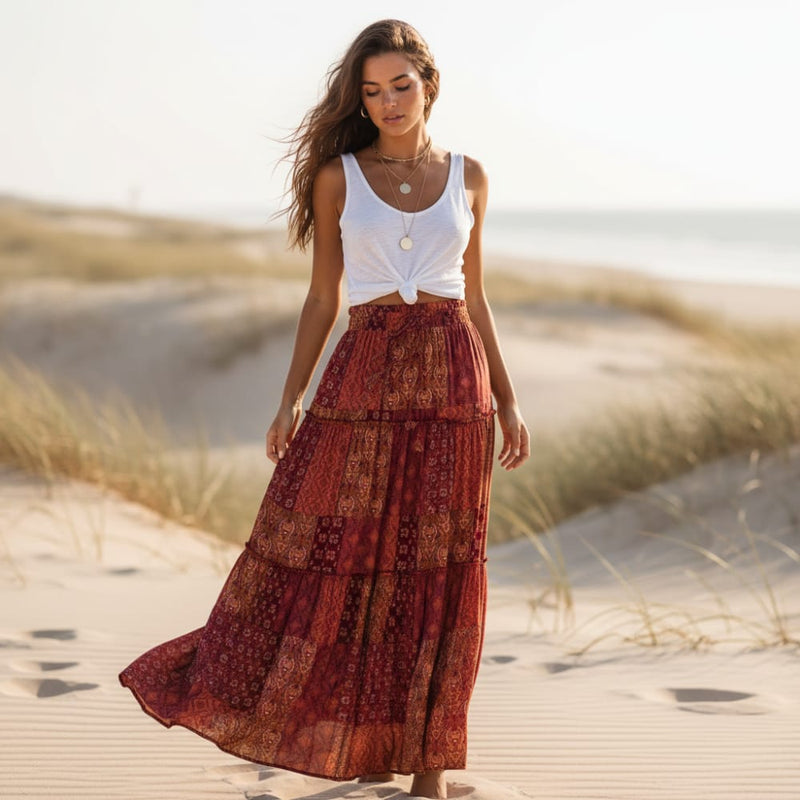 Maxi Skirt Purple Boho Gathered Polyester Cotton