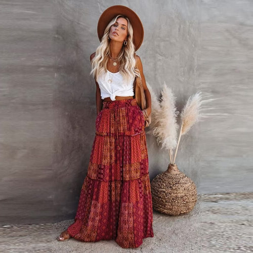 Boho Beach Hut Skirt, maxi skirt Floral Print Bohemian Maxi Skirt Red / S