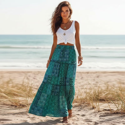 Boho Beach Hut Skirt, maxi skirt Floral Print Bohemian Maxi Skirt Teal / S