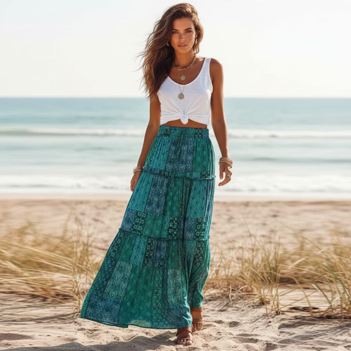 Boho Beach Hut Skirt, maxi skirt Floral Print Bohemian Maxi Skirt Teal / S