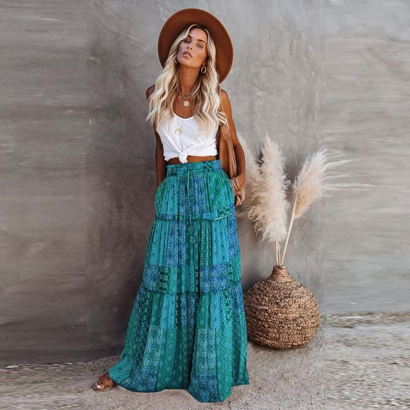 Boho Beach Hut Skirt, maxi skirt Floral Print Bohemian Maxi Skirt Teal / S