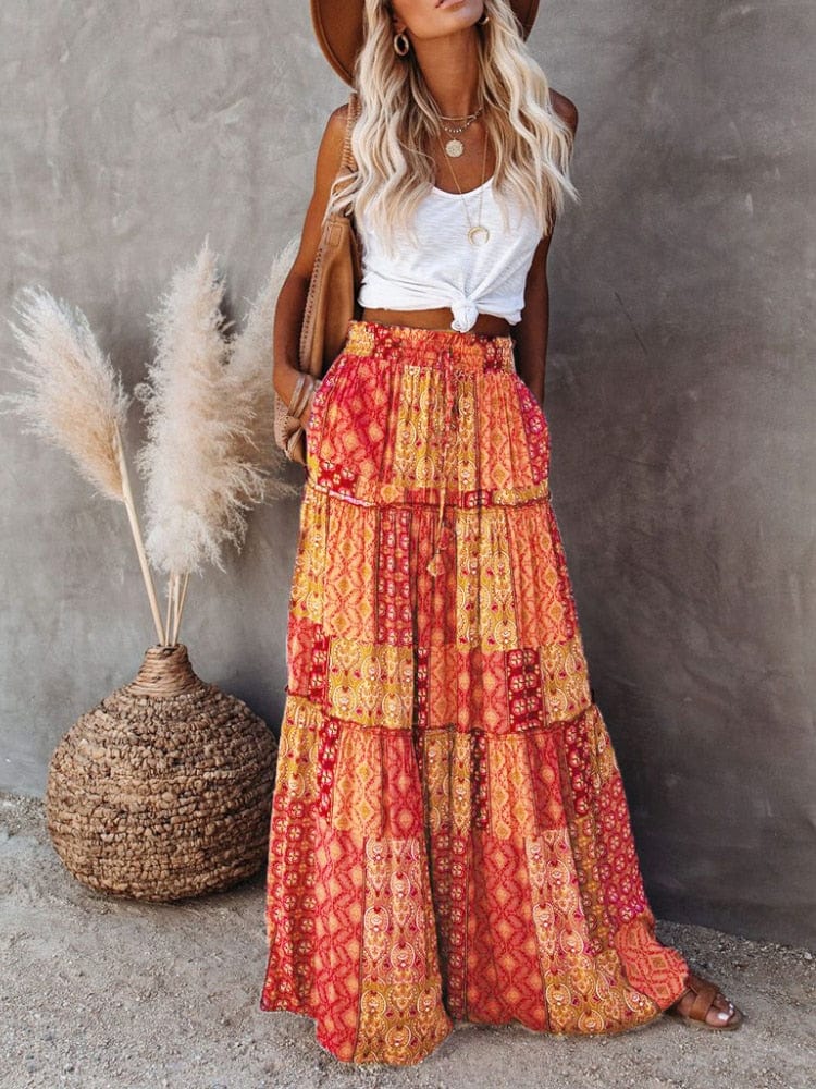 Boho Beach Hut Skirt, maxi skirt Orange / S Floral Print Bohemian Maxi Skirt