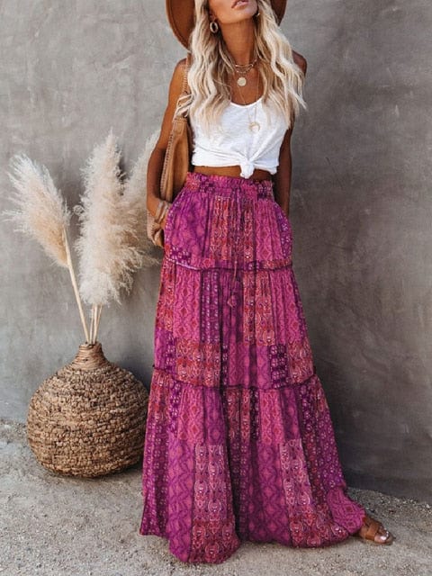 Boho Beach Hut Skirt, maxi skirt Purple / S Floral Print Bohemian Maxi Skirt