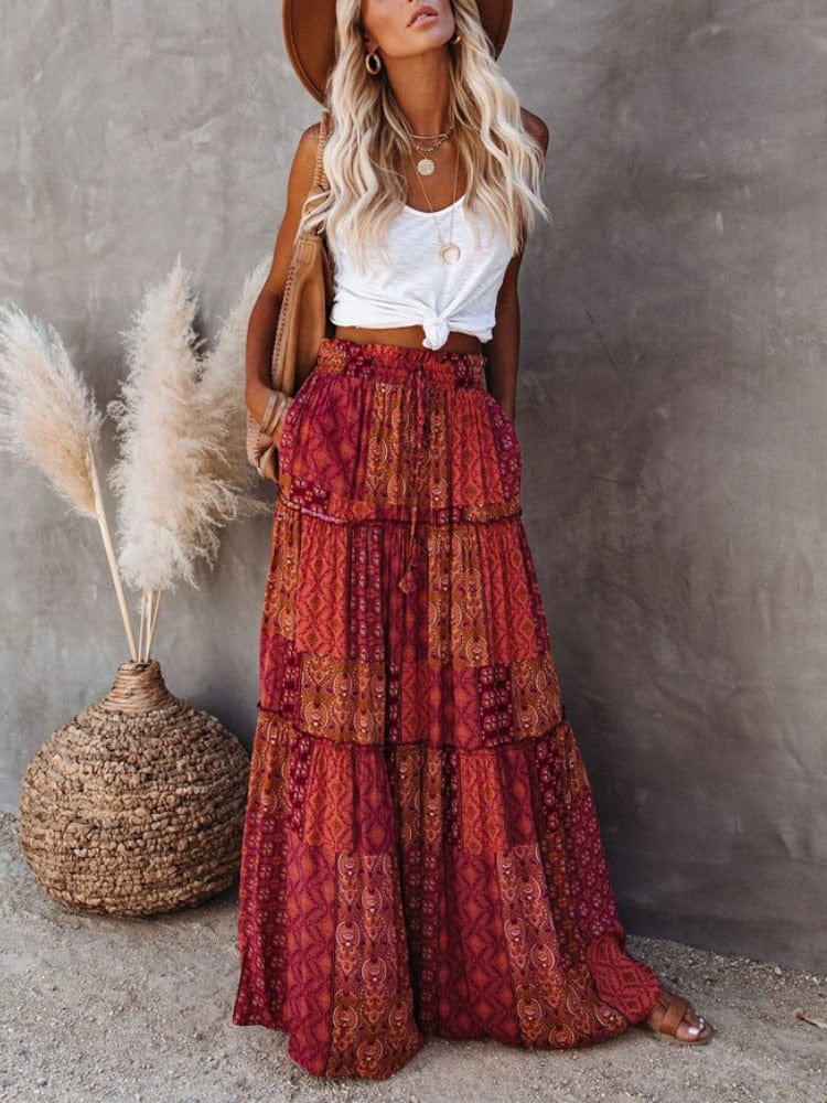 Boho Maxi Skirt Flowy Floral Print Boho Beach Hut