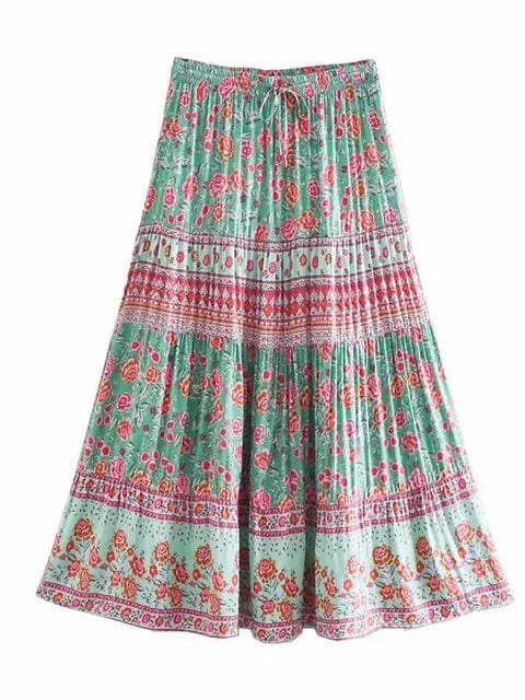 Boho Beach Hut Skirts, Maxi Skirts Green / S Boho Inspired Floral Skirt