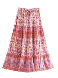 Boho Beach Hut Skirts, Maxi Skirts Pink / S Boho Inspired Floral Skirt