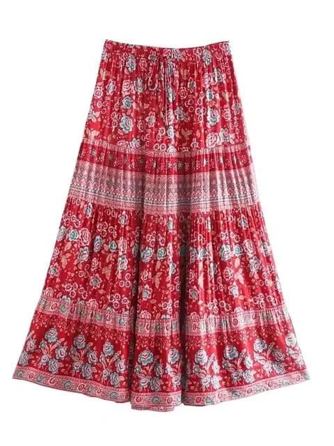 Boho Beach Hut Skirts, Maxi Skirts Red / S Boho Inspired Floral Skirt
