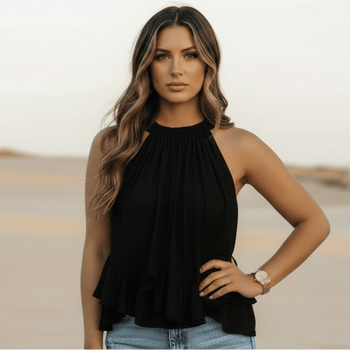 Boho Beach Hut Sleeveless Blouse, Tank Top, Sleeveless Shirt, Crop Top Boho Ruffled Sleeveless Crop Top Black / S