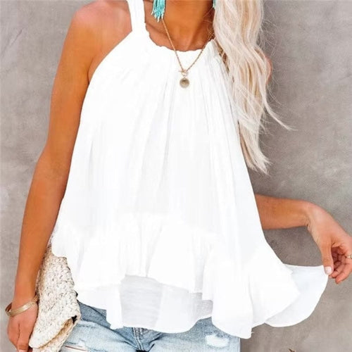 Boho Beach Hut Sleeveless Blouse, Tank Top, Sleeveless Shirt, Crop Top Boho Ruffled Sleeveless Crop Top White / S