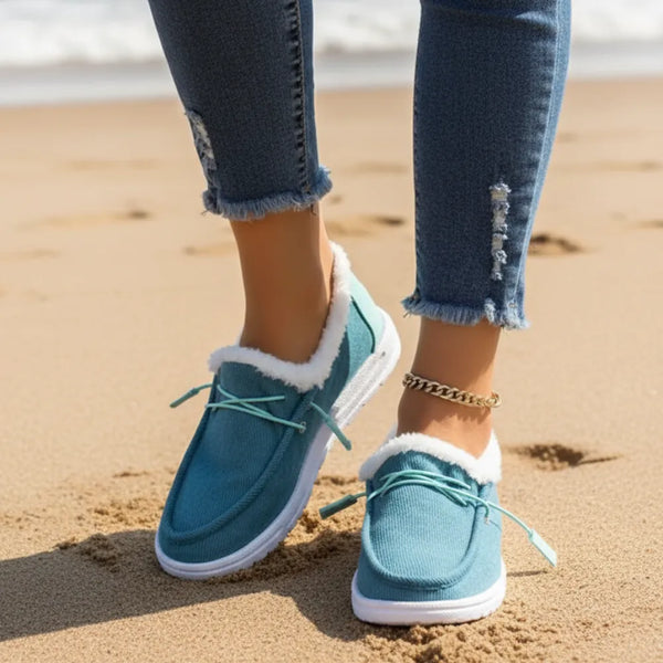 Boho Beach Hut Slip On Shoes Blue / 5 Slip On Fur Canvas Shoes