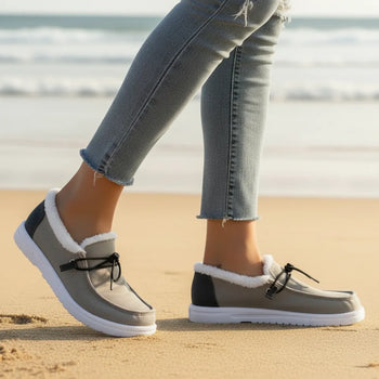 Boho Beach Hut Slip On Shoes Gray / 5 Slip On Fur Canvas Shoes