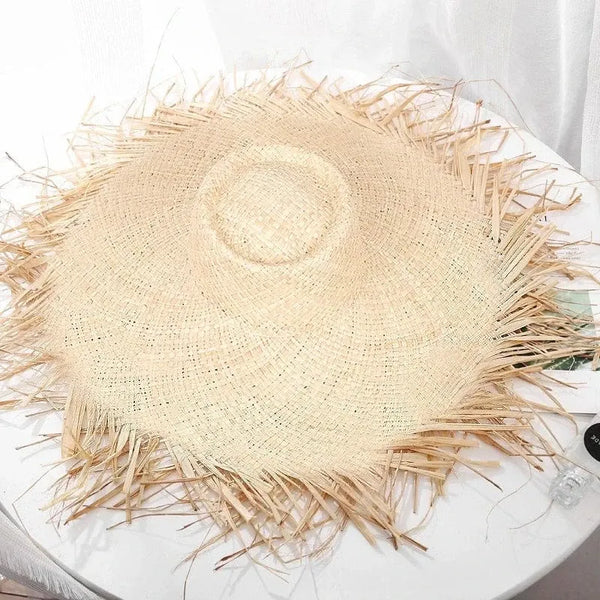 Boho Beach Hut straw hat, wide brim hat, beach hat Boho Woven Straw Beach Sun Hat Concave Top / Desert Beige