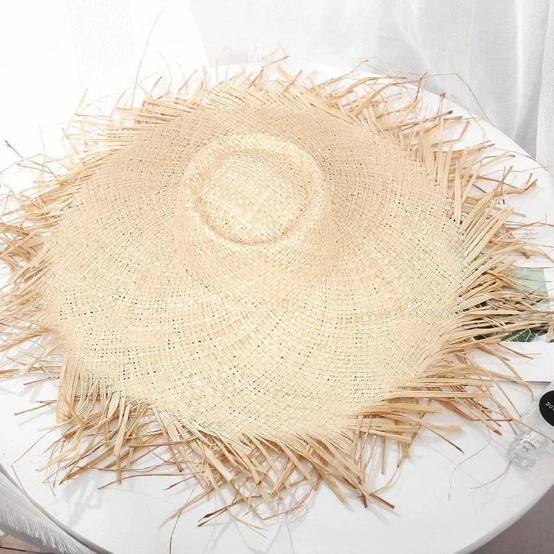 Boho Beach Hut straw hat, wide brim hat, beach hat Boho Woven Straw Beach Sun Hat Concave Top / Desert Beige
