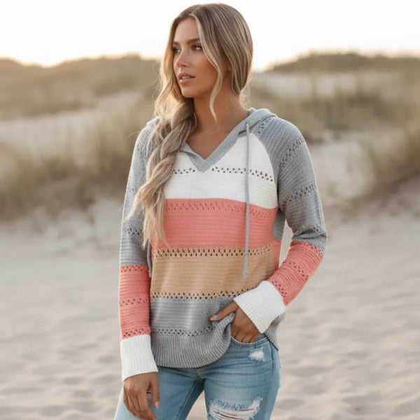 Boho Beach Hut Sweater, Pullover Sweater Boho Patchwork Pullover Sweater Pink / S