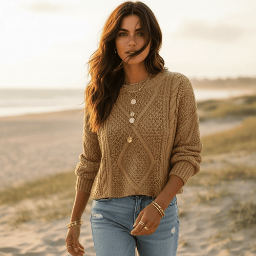 Boho Beach Hut Sweater, Pullover Sweater Vintage Twist Knit Sweater Khaki / S