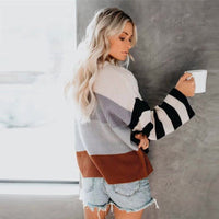 Boho Beach Hut Sweater, Striped Sweater, Pullover, Pink Sweater, Brown Sweater Boho Striped Casual Pullover Knit Sweater