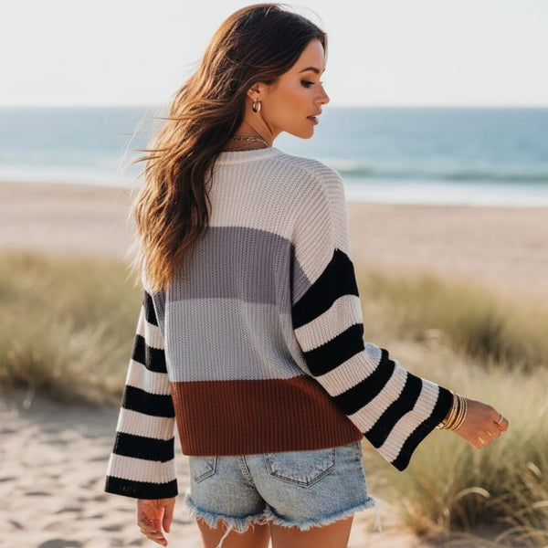 Boho Beach Hut Sweater, Striped Sweater, Pullover, Pink Sweater, Brown Sweater Boho Striped Casual Pullover Knit Sweater