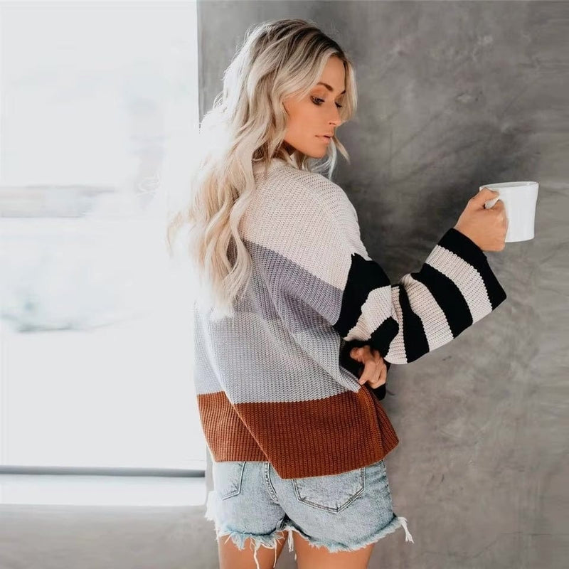 Boho Beach Hut Sweater, Striped Sweater, Pullover, Pink Sweater, Brown Sweater Boho Striped Casual Pullover Knit Sweater