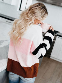 Boho Beach Hut Sweater, Striped Sweater, Pullover, Pink Sweater, Brown Sweater Boho Striped Casual Pullover Knit Sweater