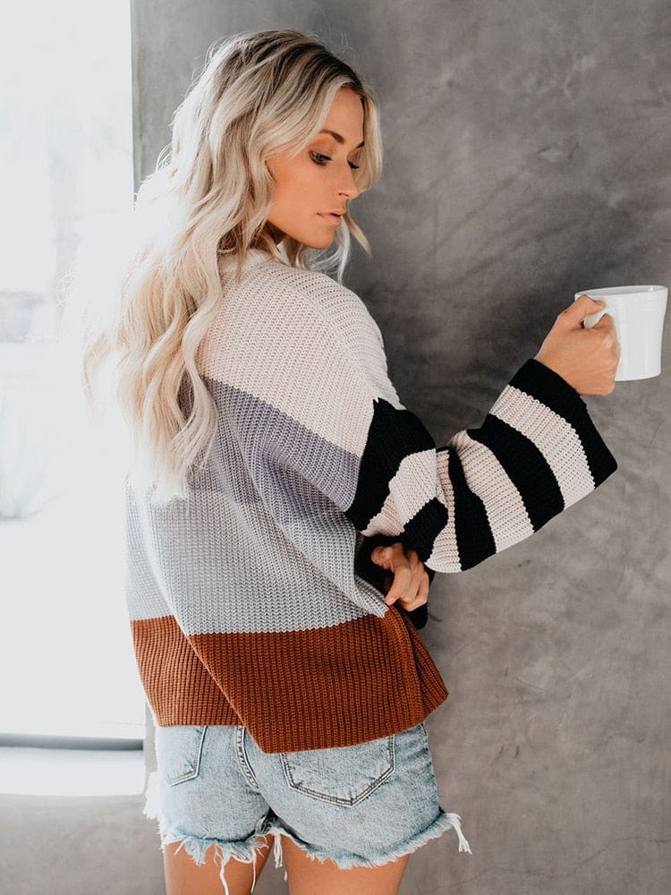 Boho Beach Hut Sweater, Striped Sweater, Pullover, Pink Sweater, Brown Sweater Boho Striped Casual Pullover Knit Sweater