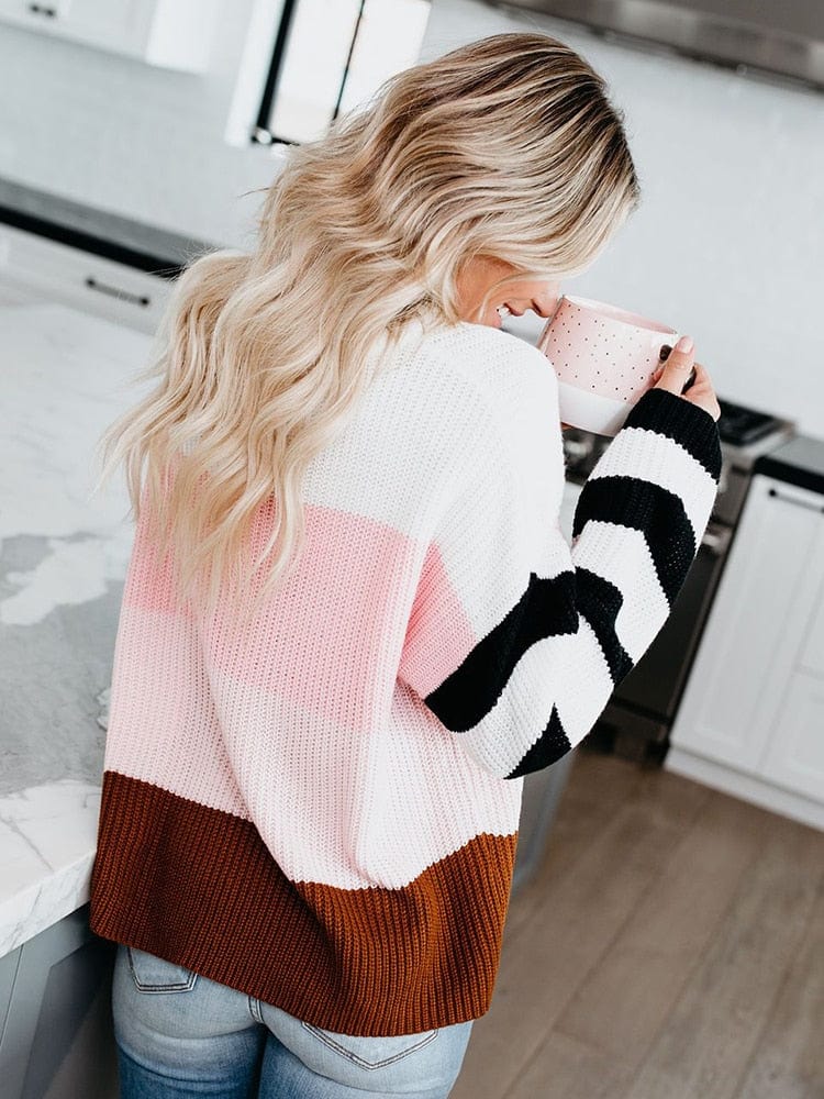 Boho Beach Hut Sweater, Striped Sweater, Pullover, Pink Sweater, Brown Sweater Boho Striped Casual Pullover Knit Sweater