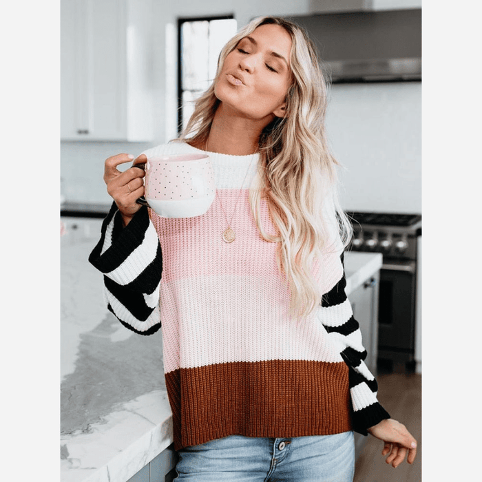 Boho Beach Hut Sweater, Striped Sweater, Pullover, Pink Sweater, Brown Sweater Boho Striped Casual Pullover Knit Sweater