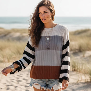 Boho Beach Hut Sweater, Striped Sweater, Pullover, Pink Sweater, Brown Sweater Boho Striped Casual Pullover Knit Sweater Gray / S