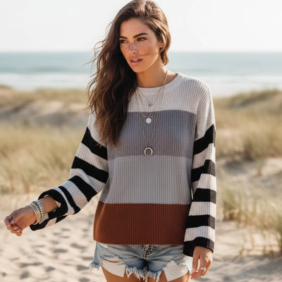 Boho Beach Hut Sweater, Striped Sweater, Pullover, Pink Sweater, Brown Sweater Boho Striped Casual Pullover Knit Sweater Gray / S