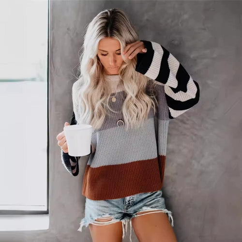 Boho Beach Hut Sweater, Striped Sweater, Pullover, Pink Sweater, Brown Sweater Boho Striped Casual Pullover Knit Sweater Gray / S