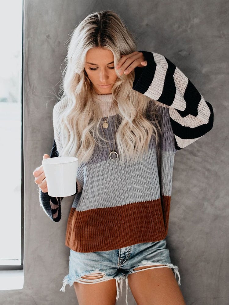 Boho Beach Hut Sweater, Striped Sweater, Pullover, Pink Sweater, Brown Sweater Boho Striped Casual Pullover Knit Sweater Gray / S