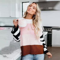Boho Beach Hut Sweater, Striped Sweater, Pullover, Pink Sweater, Brown Sweater Boho Striped Casual Pullover Knit Sweater Pink / S