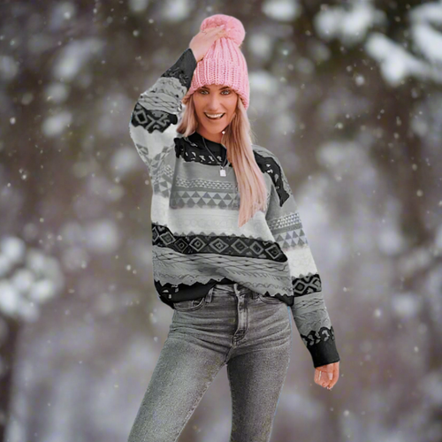 Boho Beach Hut Sweater, Striped Sweater, Pullover, Pink Sweater, Brown Sweater, Gray Sweater Gray / S Boho Inspired Knit Pullover Sweater