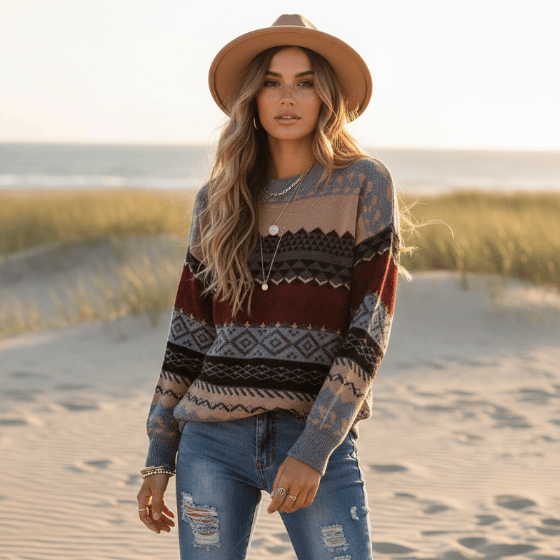 Woman wearing a burgundy, gray, black and brown boho geometric knit pullover sweater with long sleeves, O-neck and relaxed loose fit