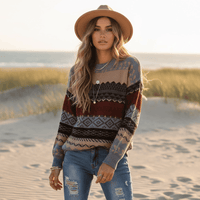 Woman wearing a burgundy, gray, black and brown boho geometric knit pullover sweater with long sleeves, O-neck and relaxed loose fit