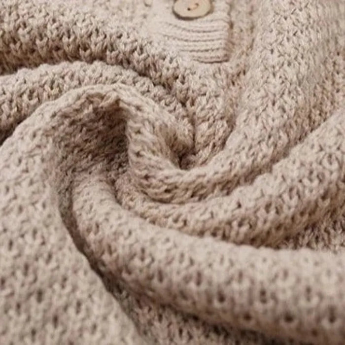 Image of a khaki knit sweater close up of the textured knit and button up