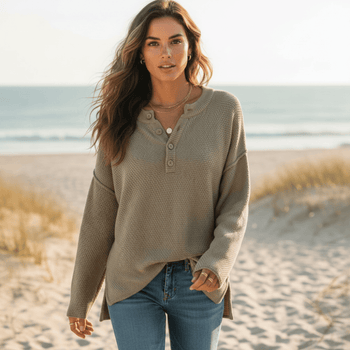 Boho Beach Hut Sweaters, Knit Sweaters Khaki / S Bohemian Long Sleeve Sweater