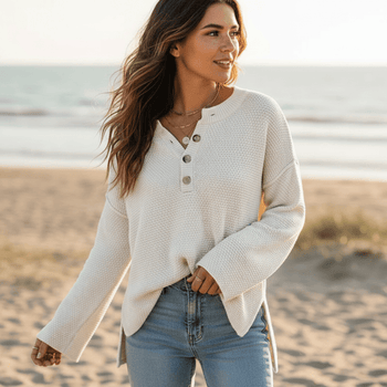 Boho Beach Hut Sweaters, Knit Sweaters Off White / S Bohemian Long Sleeve Sweater
