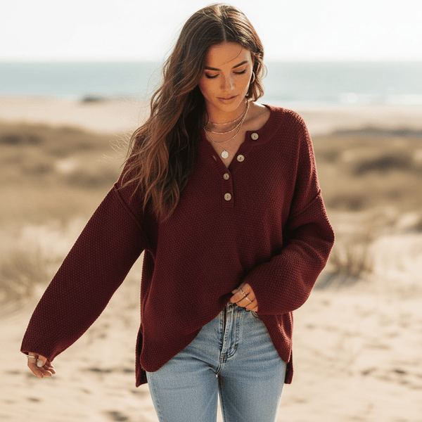 Boho Beach Hut Sweaters, Knit Sweaters Red / S Bohemian Long Sleeve Sweater