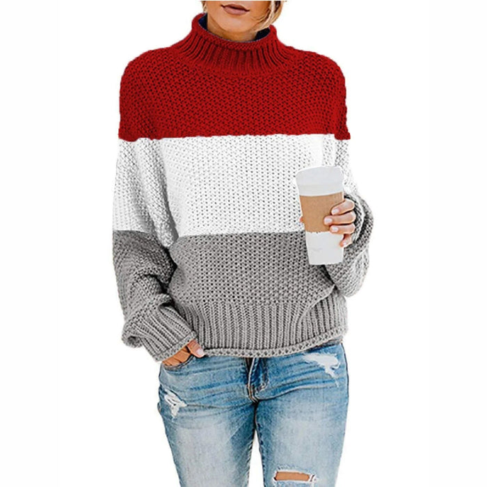 Boho Beach Hut Sweaters, Pullover Sweater Red / S Boho Striped Knit Sweater
