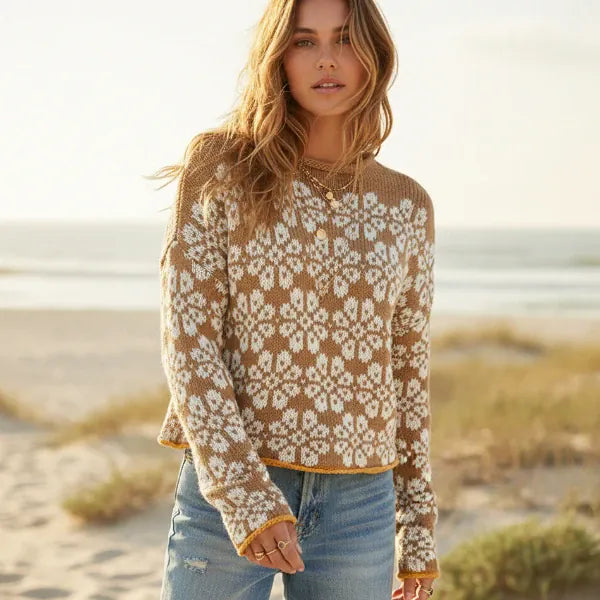 Woman wearing camel brown floral boho knit pullover sweater with long sleeves